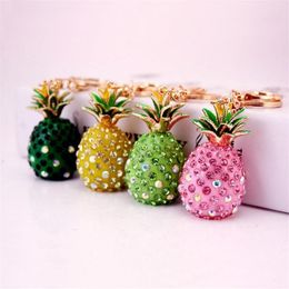 3d Pineapple Shape Key Chain Colorful Rhinestone Alloy Fruit Pendant Metal Lobster Clasp Keychain Fashion Car Key Ring Keyring 3pc256y