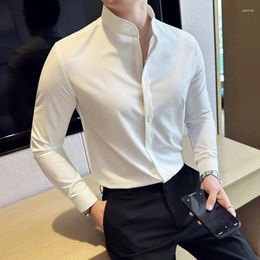 Men's Casual Shirts Mens Standing Collar Shirt Long Sleeved 2023 Autumn Solid Colour Slim Fitting White Korean Fashion Men Clothing