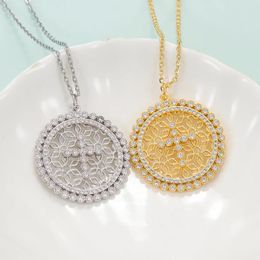 Pendant Necklaces EYIKA Hollow Flower Pattern Cross Necklace Women Zircon Gold Silver Colour Round Long Chain Anniversary Gift Jewellery