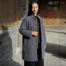 Women's Trench Coats 2024 Stand Pockets Solid Colour Warm Women Cloths Loose Parkas Cotton Linen Winter Button Vintage Coat