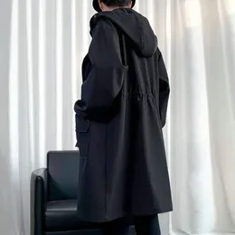 Men's Trench Coats Mid-length Men Jacket Streetwear Coat With Hood Big Pockets Windproof Design Mid Length Solid Color For