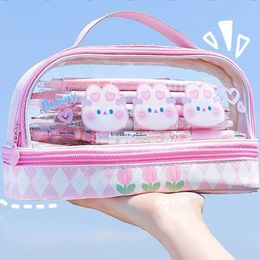 Portable Doublelayer Transparent Pencil Cases Pouch School Holsters Stationery Supplies Pretty Cute Korean Pencilcase Box Bag 231220