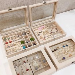 Jewellery Boxes Portable Velvet Jewellery Ring Jewellery Display Organiser Box Tray Holder Earring Jewellery Storage Case Showcase with Glass Cover 231219