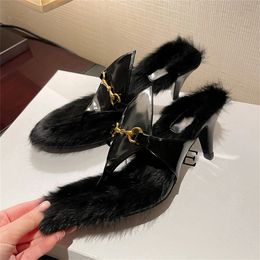 Sandals Women's Rabbit Hair Fashion Round Head Metal Decorative Clip Toe Open Toe Kitten Heel Slippers Female Slip On Fur Insole Slides 231219