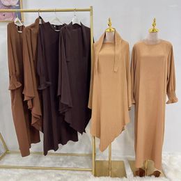 Ethnic Clothing 2 Pieces Set Eid Ramadan Muslim Women Prayer Garment Hooded Khimar Caftan Islamic Hijab Dress Niqab Abaya Burqa Kaftan