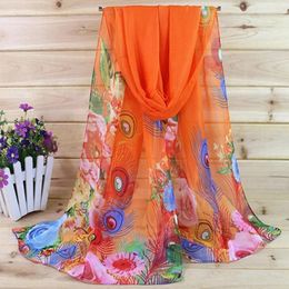 Scarves Bohemian Sunscreen Scarf Peacock Feather Print Silk Beach Holiday Towel Shawl Summer Scarfs For Woman Chiffon Hijab