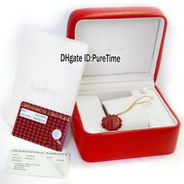 Hight Quality Red Leather Watch Box Whole Mens Womens Watches Original Box Certificate Card Gift Paper Bags OMBOX Square For P300E