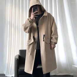 Men's Trench Coats Men Tie-waist Windbreaker Streetwear Coat With Hood Big Pockets Windproof Design Mid Length Solid For