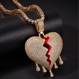 14K Iced Out Diamond Drip Broken Heart Pendant Necklace Bling Micro Pave Cubic Zirconia Simulated Diamonds 4mm 20inch Tennis Chain266K