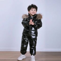 2023 Russia Kids Winter Children Clothing Sets 2pcs Girls Duck Down Jacket Baby Overall Real Fur Boys Parka Snow Wear XMP259 231220