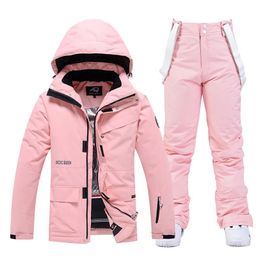 Russia Women's Ski Suit -30 Warm Winter SnowSuit Snowboarding Clothing Waterproof Windproof Skiing Jackets Strap Pants Sets 231220