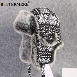 Trapper Hats BUTTERMERE Russian Fur Hat Ushanka Black White Bomber Hats Male Female Ear Flaps Winter Thick Warm Knitting Outdoor Trapper Hat 231219