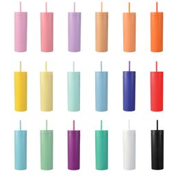 16oz Skinny Tumblers Matte Colored Lids Straws Double Wall Plastic Tall Tumblers Coffee Mug Water Bottles New Year Party Gifts W0146