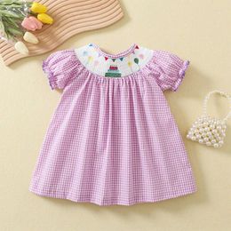 Girl Dresses Summer Girls Purple Plaid Dress Cartoon Smocked Embroidery Princess Frocks For Birthday Party Children Outfit 1-5 Year