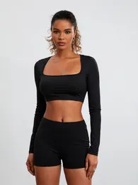 Women's Tracksuits Fashion Women Two Piece Outfits Sets Long Sleeve Square Neck Crop Tops Skinny Shorts Skin Friendly S M L