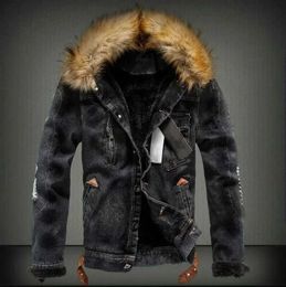 Men's Jackets Winter Mens Denim Jacket with Fur Collar Retro Ripped Fleece Jeans Jacket and Coat for Autumn Winter S-6XLL231026