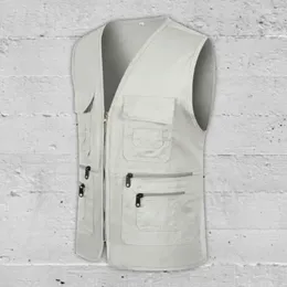 Men's Vests Men Vest Jacket Solid Color Multiple Pockets Zipper Unisex Sleeveless Camping Work Clothes V Neck Outdoor Waistcoat