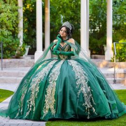 Emerald Green Quinceanera Dress Off The Shoulder Crystal Ball Gown Gold Appliques Lace Beads Corset Sweet 15 Vestidos De