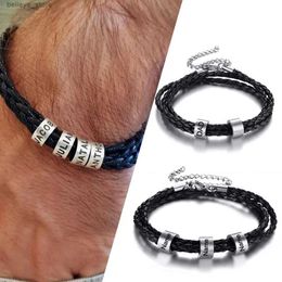 Charm Bracelets Personalised Mens Leather Bracelet with Custom Beads Braid Black Name Charm Bracelet for Men with Family NamesL23121