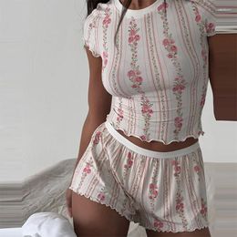 Women's Tracksuits Floral Print Outfits 2 Piece Set Crop Tops T-shirt Shorts Y2K Cottage Loungwear 90s Vintage Fairy Coquette Slim Fit