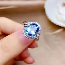 Cluster Rings Real 14K White Gold Natural Sapphire Ring For Women Anillos De Bizuteria Mujer Gemstone Blue Topaz Wedding