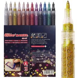 12 Sparkle Color Paint Markers Acrylic Glitter Marker Pens Ultra Fine Point 07mm for Rock Painting DIY Crafts 231220