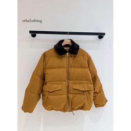 miui miui puffer jacket 23FW Autumn/winter New Show Style Double Layered Fleece Collar Bread Down Coat with Ginger Yellow Tone