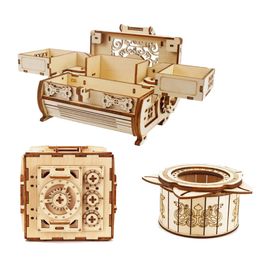 3D Puzzles 3d Wood Mechanical Box Kits for Child Assembly Building Blocks DIY Surprise Jewelry Necklace Ring Cosmetics Case Models 231219