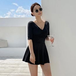 Wear Short Sleeve One Piece Swimsuit Black Skirt Swimwear Women 2022 Solid Sexy Swimdress Slimming Korean Style Bathing Suit Female