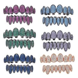 14K Colourful CZ Vampire Teeth Grillz Iced Out Micro Pave Cubic Zircon 8 Tooth Hip Hop Grill Top Bottom Grillz Teet Green Purple242w