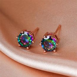 6MM Round Small Stone Rainbow Zircon Stud Earrings For Women Vintage Fashion Crystal Rose Gold Black Gold Silver Colour Earrings297n