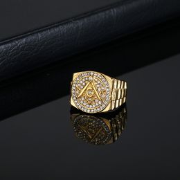 Gold Freemason Masonic AG Men's Ring Stainless Steel With Crystal Rhinestone Jewels fraternity fraternal association Mason Jewellery