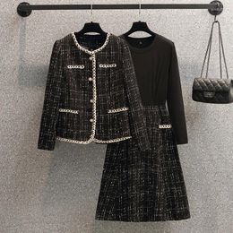 Work Dresses Women Tweed Jacquard Plaid Black Suit Pearl Single Breasted Jacket Coat Top Dress Two Piece Set Outfit Winter Elegant Warm