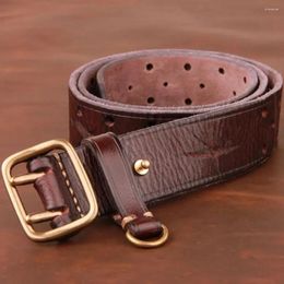 Belts 2024 Unisex Brass Double Pins Buckle Female Retro Belt Top Quality Cowhide Leather For Couples Jeans Women