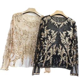 Women s T Shirt Sexy Sequined Embroidery Rose Flower Shirt Shiny Transparent Gauze Heavy Beading S Blusa Camisa Luxury Party Club Tops 5549 231219