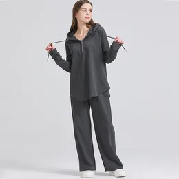 Women's Two Piece Pants Dark Gray Loose Fit Hoodies Trousers Anti-Pilling Highly Elastic Spandex Cotton Fabric Full Length Long Sleeve Tall