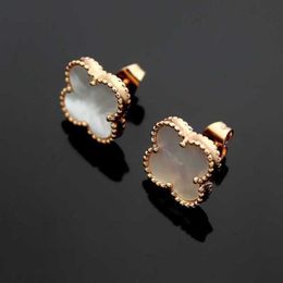 Van Clover Earrings Cleef High Version Small Four Leaf Female v Gold Thickened 18k Rose Plated Natural Black Agate White Fritillaria Bj5y