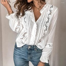 Women's Blouses Summer Floral Lace White Women Elegant Ruffle Blouse Vintage Hollow Out Office Ladies Tops Female Casual Long Sleeve Shirts