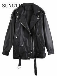 Sungtin Black PU Leather Jacket with Belt Oversized Korean Loose Motorcycle Faux Jackets Fashion Causal Outerwear 231220