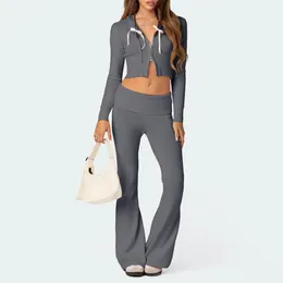 Women's Two Piece Pants Women 2 Outfits Knitted Zip Up Hooded Jacket Crop Top Low Waist Flare Leggings Y2K Sweater Lounge Set Knitwear