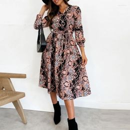 Casual Dresses Sexy V-neck Tie-up Waist Midi Dress Women Long Sleeve Single-breasted Party Spring Fall Elegant Pattern Beach