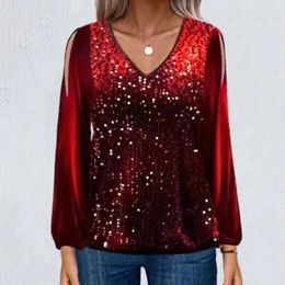 Women's Blouses Women T-shirt Elegant Sequin Hollow Out Lantern Sleeve V Neck Blouse For Soft Breathable Pullover With Patchwork Detail