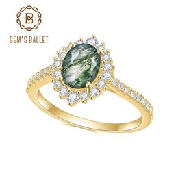 Wedding Rings GEM'S BALLET Women's Silver Ring 1.19CT 6X8mm Oval Cut Halo Pave Moss Agate Cluster Halo Engagement Rings in 925 Sterling Silver 231219