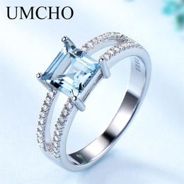 UMCHO Solid 925 Sterling Silver Jewellery Created Nano Sky Blue Topaz Rings For Women Cocktail Ring Wedding Party Fine Jewellery CJ191320A