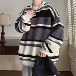 Men's Sweaters Autumn Fashion Korean Men Sweater Colorblock Knitted Thick Warm Elastic Long Sleeve Pullover Loose Mid Length Retro