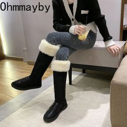 Boots Winter Women Warm Fur Knee High Boots Fashion Slip On Ladies Elegant Flats Heel Long Booties Women's Cotton-Added Footwear 231219