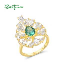 Wedding Rings SANTUZZA 925 Sterling Silver Ring For Women Sparkling Green Spinel White CZ Cluster Luxury Wedding Party Fine Jewellery 231219