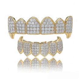 Shining Hip Hop Grillz Iced Out CZ Fang Mouth teeth grills Caps Top & Bottom tooth Set Men Women Vampire Grills Fashion Jewelry203D