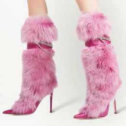 Pink Leather Chain Decor Knee High Boots Pointed Toe Stiletto Heels Winter Log Warm Fur Buckle Strap Thigh 231220