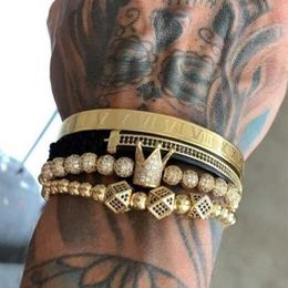 Classical Hand Woven Braided Bracelet Golden Hip Hop Mens Zircon Crown Roman Numeral Bracelet Set 3 Pack Gift F1211298p